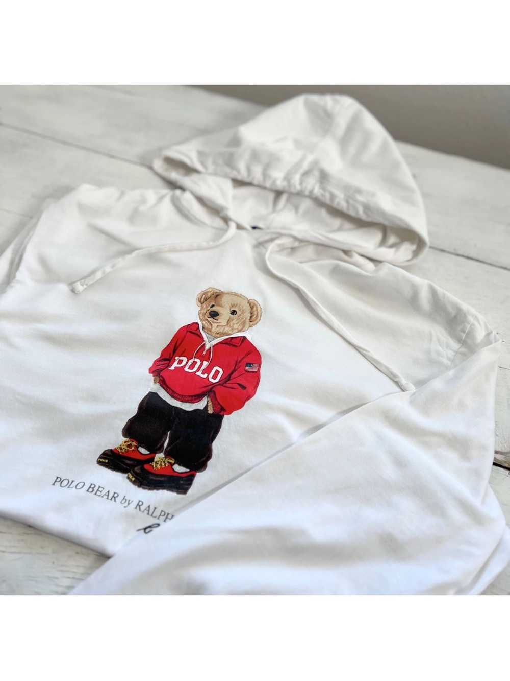 Ralph Lauren Polo Teddy Bear Jersey Hooded Long Sleeve T-Shirt Preppy Cotton M